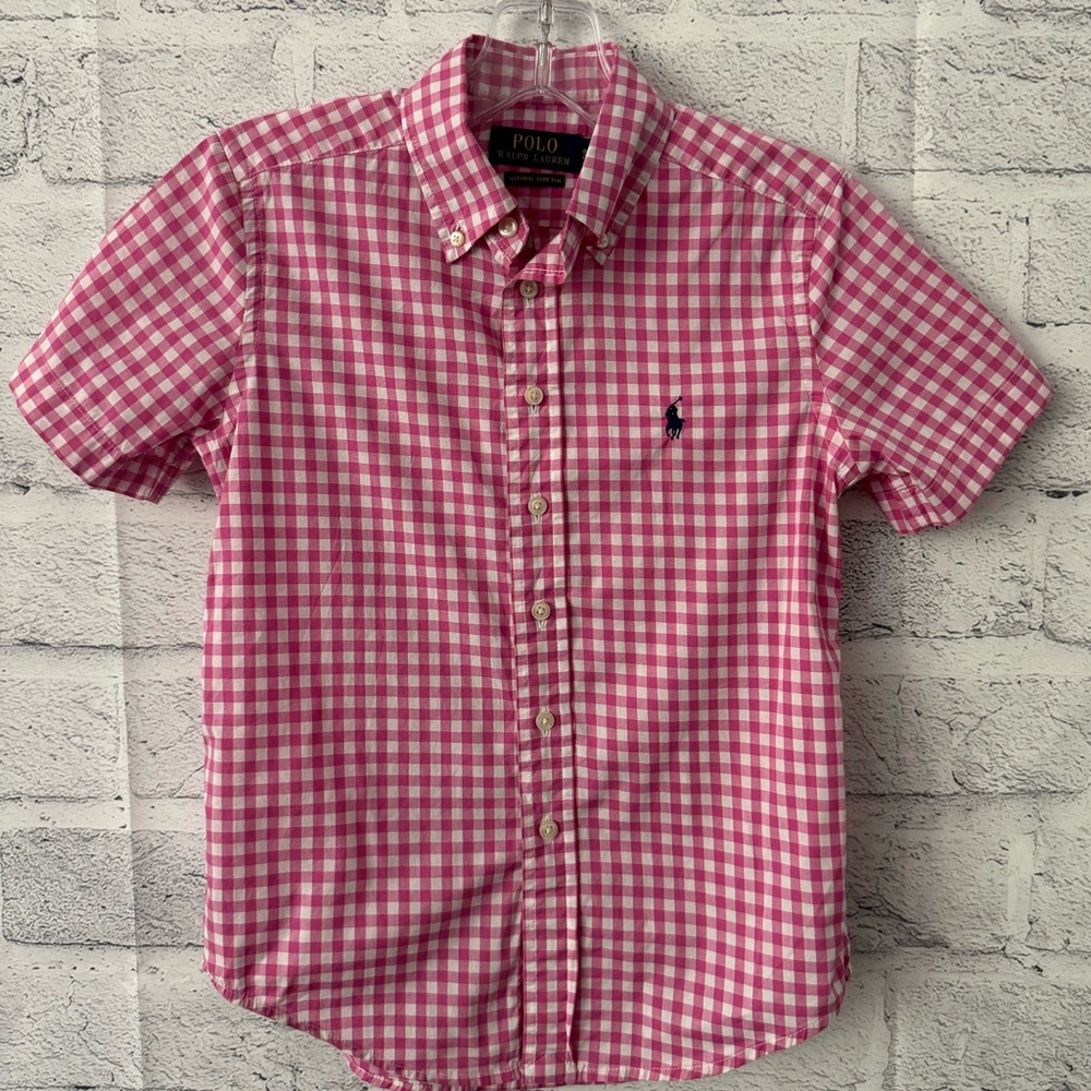 Polo Ralph Lauren Pink and White Short Sleeve Button Down Shirt Boys Size 8.